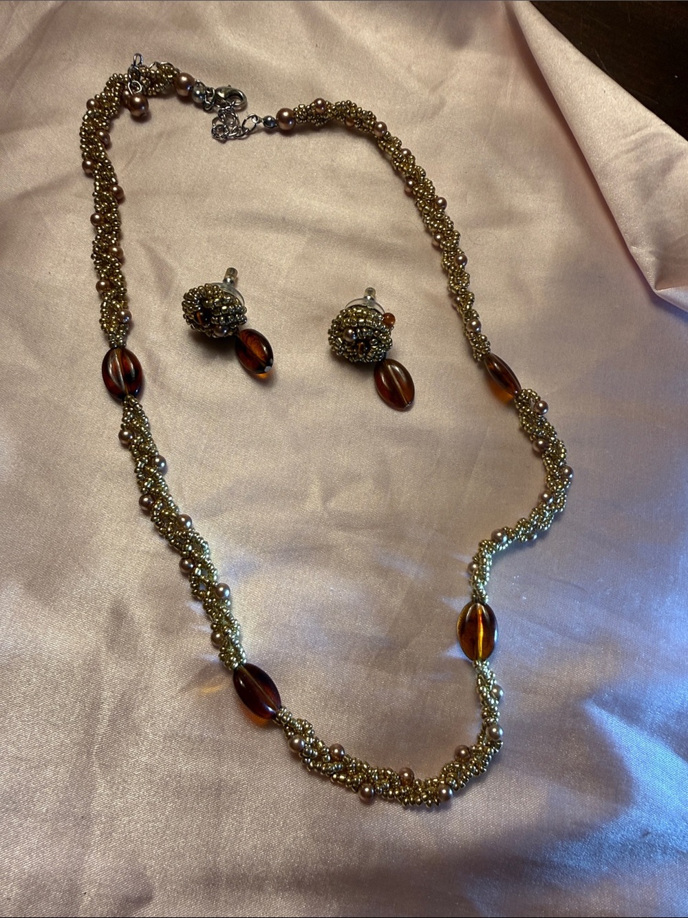 Gold-Tone Beaded Necklace & Earring Set with Amber Glass Accents